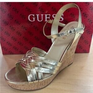 Guess Gold Strappy platform cork Wedge Sandals NEW Size 8